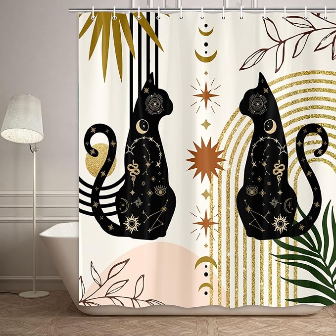 Boho Black Cat Shower Curtain, Cute Animal Mid Century Modern Moon Shower Curtains, Abstract Phase Fancy Geometric Aesthetic Leaf Fabric Shower Curtain Restroom Decor Accessories with Hooks 72X72