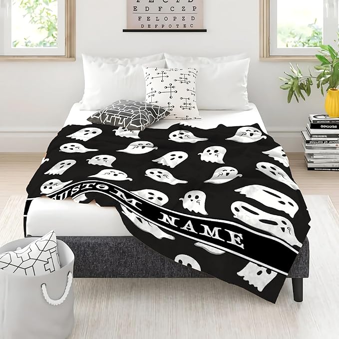 Cute Little Funny Ghost Custom Blanket Black Night Sky Spooky Personalized Throw Blankets Gifts for Girl Boy Flannel Fleece Halloween Customized Throw Blankets for Teens With Name Chair Sofa 60x50In