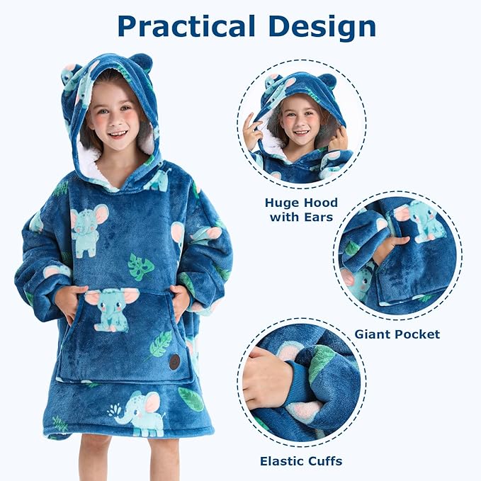 THREE POODLE Wearable Blanket Hoodie for Kids, Oversized Sherpa Sweatshirt Blanket with Giant Hood, Warm Cozy Hooded Blanket, for Kids Girls Boys