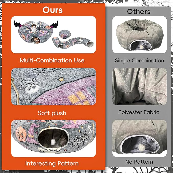 Halloween Cat Tunnel Bed, Cat Tunnels for Indoor Cats Large with Bat Wings, Foldable Cat Donut Tunnel with Soft Mat and Dangling Balls, Cat Play Tunnel Toy with Ghost, Spider Web Pattern Decorations