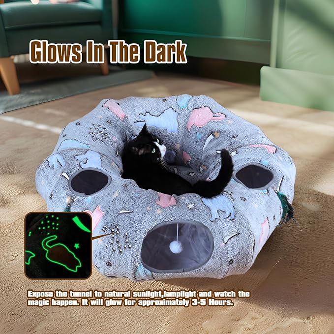 Cat Tunnel Bed,Cat Tunnel Bed with Soft Central Cat Couch,Cat Toys for Indoor Cats,Collapsible Peekaboo Cat Cave,Cat Donut Tunnel and Kitty Toy Set（Luminous，Donut）
