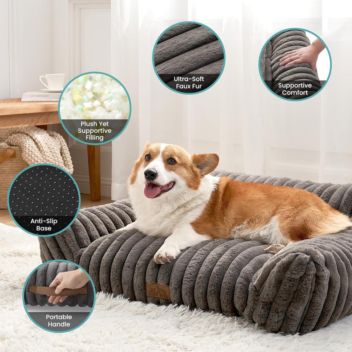 Cute Cat Couch, Premium Plush Faux Fur Pet Couch Bed, Ultra-Soft Pet Furniture for Cats & Small Dogs (Grey, S: 25.5''x17.5'')