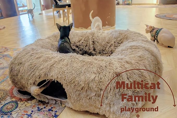 XxingSheep XL Cat Tunnel with Bed for Indoor Cats Peekaboo Cat Cave Donut Toy with Warm Mat,Yellow-Brown