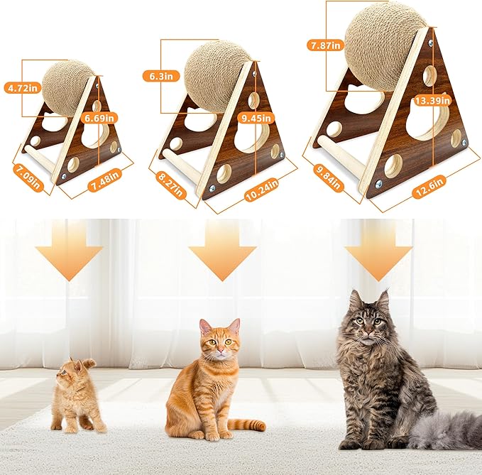 Cat Scratcher Toy,Natural Sisal Rope Cat Scratching Ball Scratcher Toy with Ball for Cats& Kittens&Dogs&Puppy, Interactive Solid Wood Scratcher Pet Toy (Small)