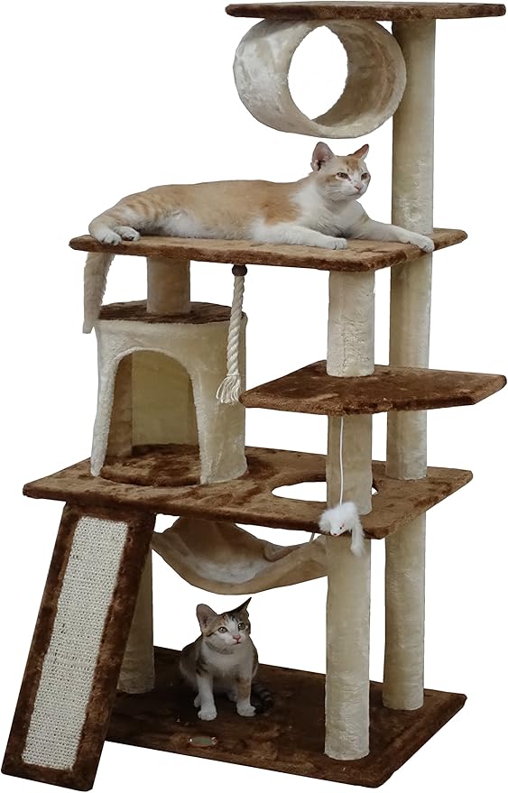 Go Pet Club Everyday Value 53in Cat Tree Kitty Tower Kitten Scratcher Condo House Furniture with Hammock and Tunnel Indoor Cat Activity Center, Beige/Brown