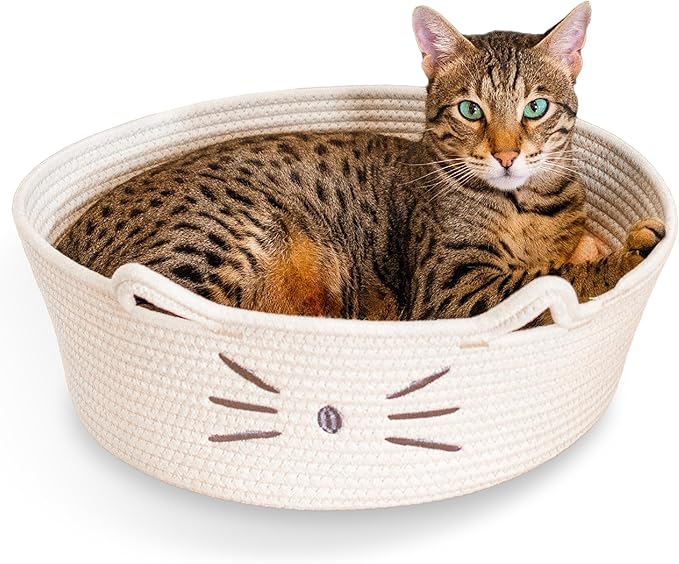 Catstages Bed & Basket Retreat 2-in-1 Cat Bed with Removable Cushion, Plush, Cotton Rope, White
