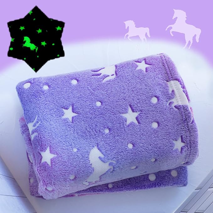 Unicorn Throw Blanket Glow in The Dark Blankets for Girls with Storage Bag, Best Gifts for Birthday Christmas Valentines, Girls Blanket Kids Blanket, Soft for Day Care Home Travel Use, 50"x60" Purple