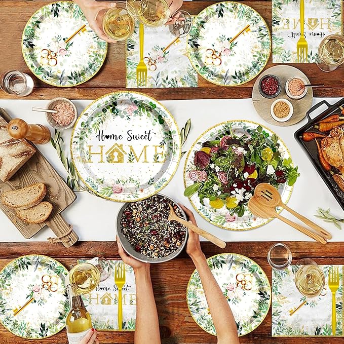 96PCS House Warming Party Decorations Home Sweet Home Tableware Set Rustic Floral Paper Plates Napkins Dinnerware Dessertware Forks Serves 24