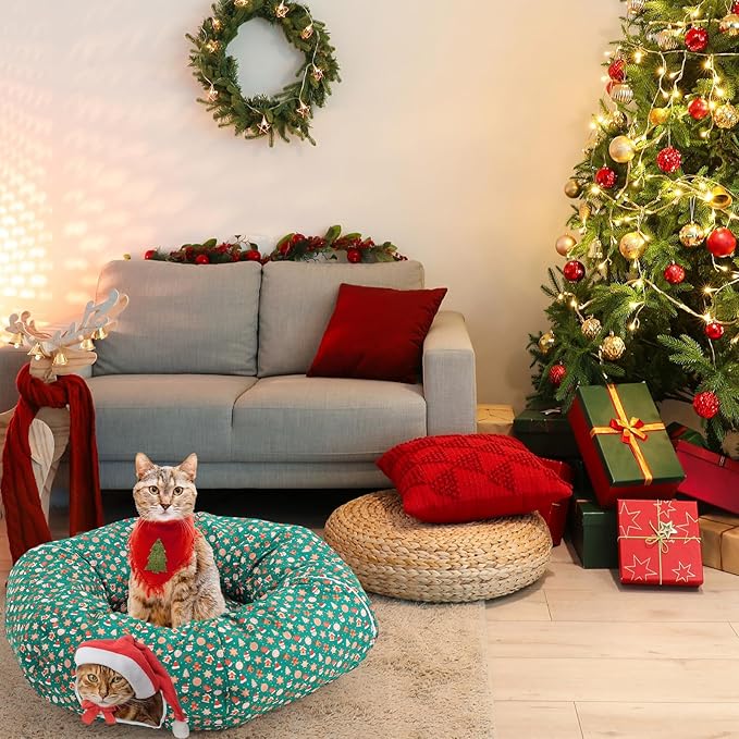 Cat Tunnel Bed Under Christmas Tree 3 ft x 3 ft x 10 Inch Cat Bed Tunnel with Hanging Ball Xmas Cat Donut Tunnel Round Cat Hideaway Holiday Circle Cat Cave Pets Gift(Green,Santa Claus)