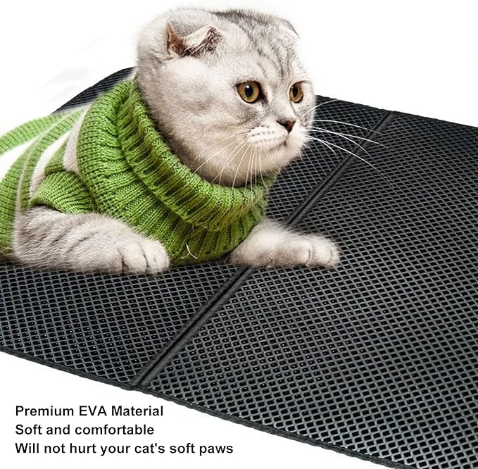 ASHATA Cat Litter Mat, Double Layer Design Urine Proof Trapper Mat for Litter Boxes, Double Layer EVA Litter Trapping Mat for Kitten, Easy to Clean Scatter Control (Black)
