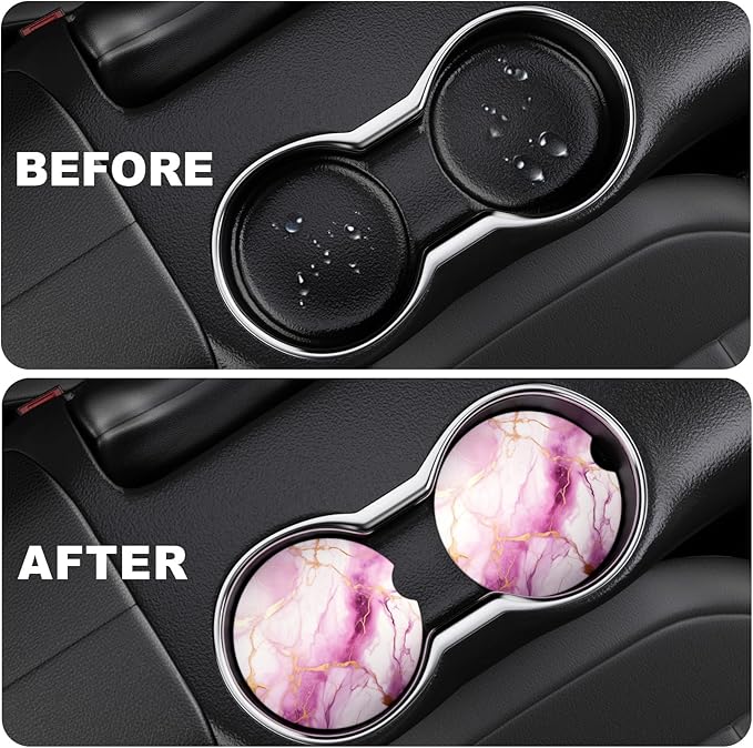 2 Pack Car Cup Holder Coaster, 2.63 inch Anti Slip Insert Absorbent Ceramic Car Coaster with Cork Base and Finger Notch, Cute Car Accessories Interior for Women, Cute Car Coasters., CH0025