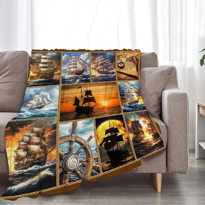 Nautical Throw Blanket Ultra Soft Cozy Navigation Sailboat Blanket Fleece Fuzzy Plush Nautical Lovers Decor Gifts for Women Girls Adults Couch Sofa 60"x50"