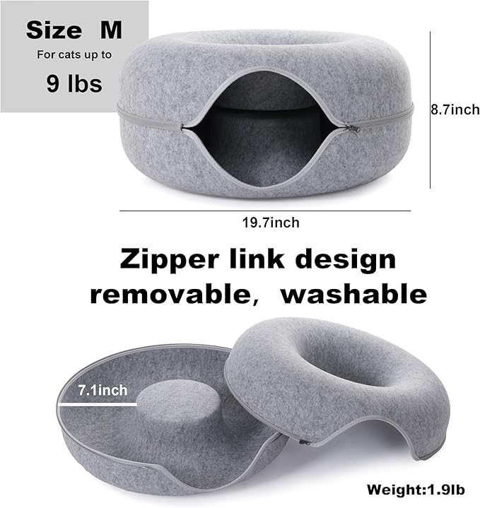 Cat Tunnel Bed for Indoor Cats with 3 Toys, Scratch Resistant Donut Cat Bed, Up to 9 Lbs (M 20x20x9, Light Grey)