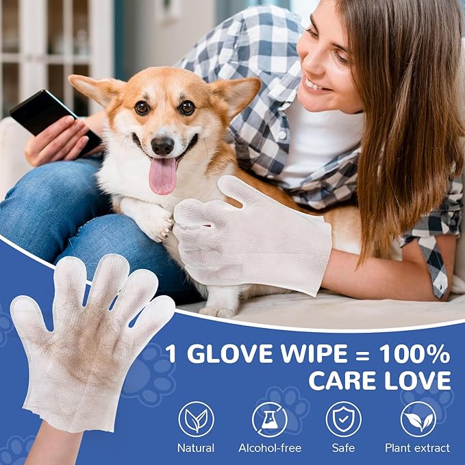 10 Pcs Pet Cleaning Glove Wipes for Dogs & Cats, Hypoallergenic Grooming Wipes, Dog Wipes for Paws and Buttocks, Dog Wipes Cleaning Deodorizing Suitable for Pet Dry Cleaning, Daily Care and Travel