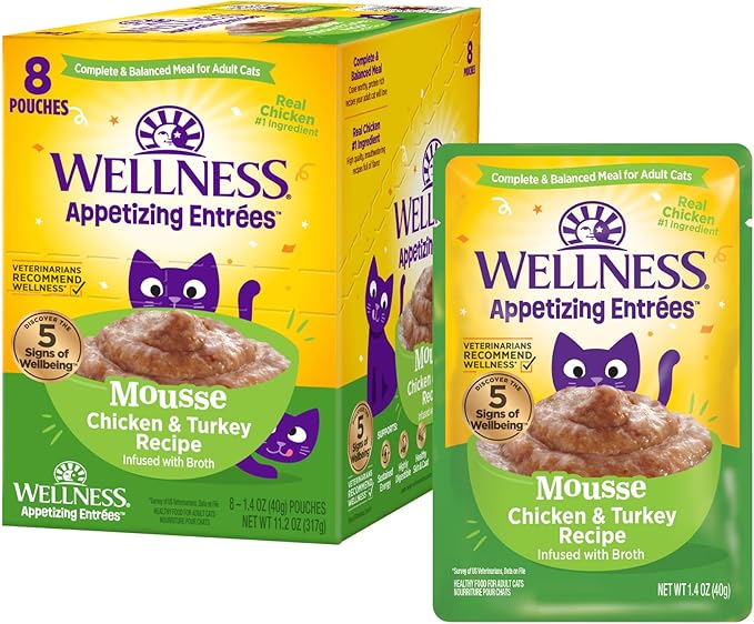 Wellness® Appetizing Entrées™ Mousse Chicken & Turkey Recipe Infused with Broth Natural Wet Cat Food, 1.4 oz Pouch (Pack of 8)