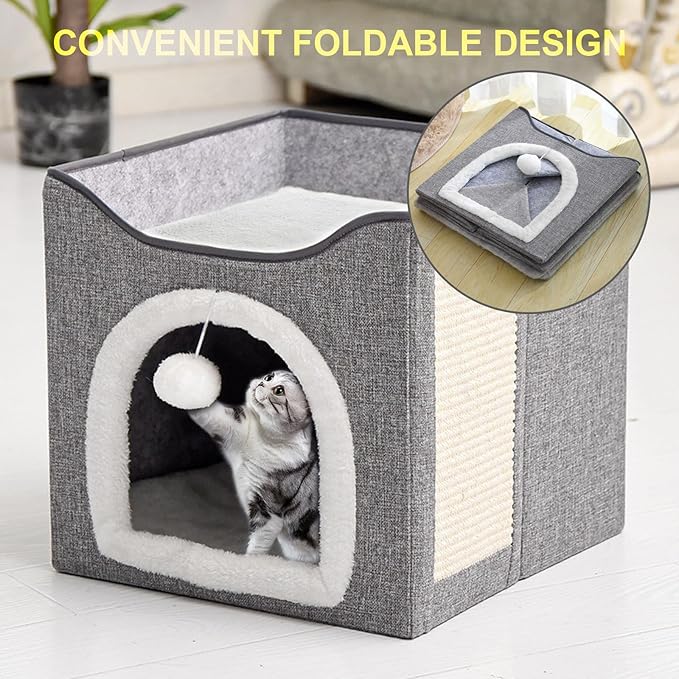 Cat House for Indoor Cat with Scratching Post, Cat Beds for Indoor Cats, Covered Cat Cave Beds & Furniture, Foldable Cat Hideaway, 16x16x15 inches, Grey