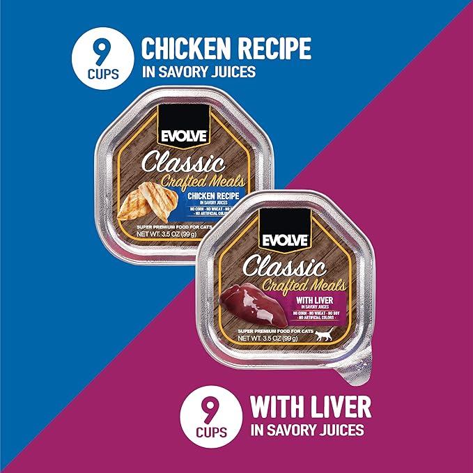 Evolve Classic Crafted Meals Cat Food Variety Pack - Chicken Recipe & Liver Recipe 3oz (Pack of 18)