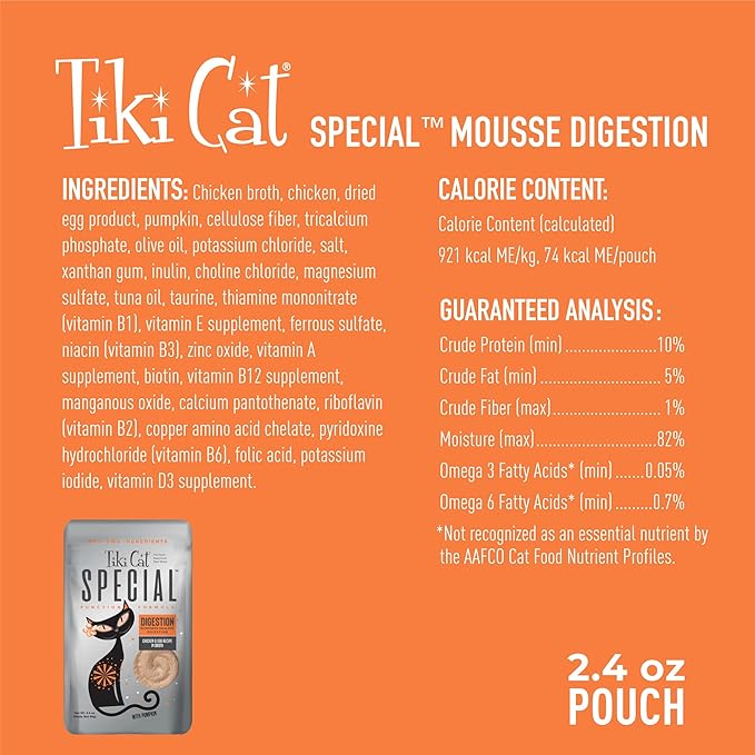Tiki Cat Special Digestion Mousse, Chicken & Egg Recipe in Broth, Formulated to Support Healthy Digestion, Functional Wet Cat Food, 2.4 oz. Pouches (12 Count)