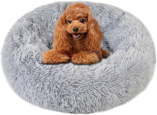 Calming Round Cute Cat & Dog Bed, Anti-Slip Washable Cozy Soft Round Pet Bed, Fluffy Faux Fur Plush Dog Cuddler Bed Fits up to 15 lbs Dogs and Cats(Donut Light Grey, 20inch x 20inch)