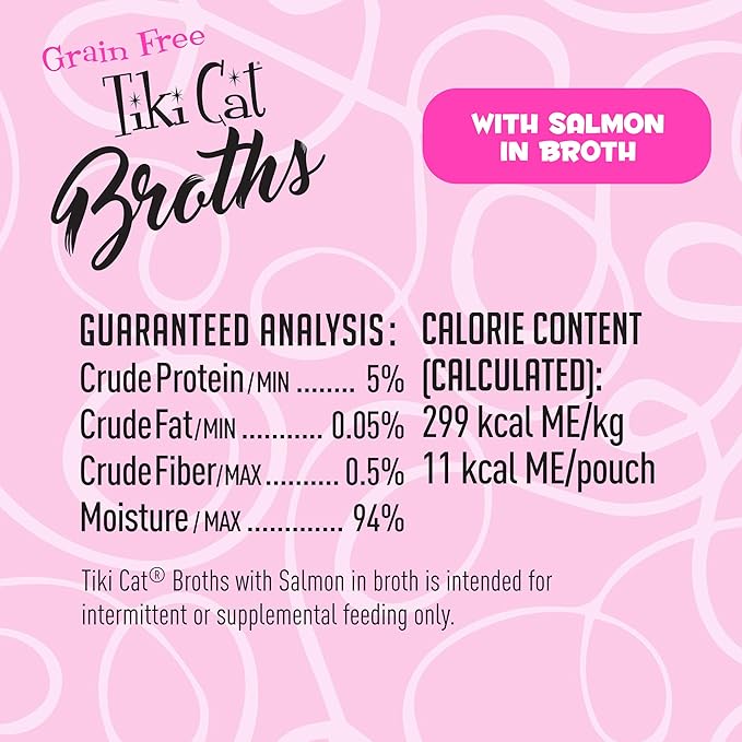 Tiki Cat Born Carnivore Broths, Salmon Recipe, Hydration and Flavor Supplement Cat Food Topper, 1.3 oz. Pouch (Pack of 12)