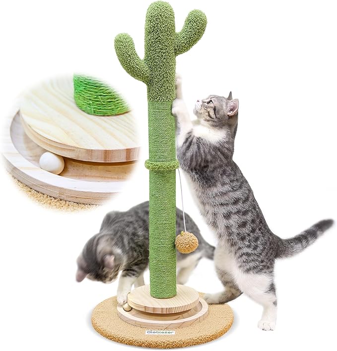 SC30 Tall Scratching Post for Cats, 30in Cactus Cat Scratching Post Cat Scratcher Cute Sisal Large Cat Scratching Post with Modern Wooden Ball Tracking Interactive Toys