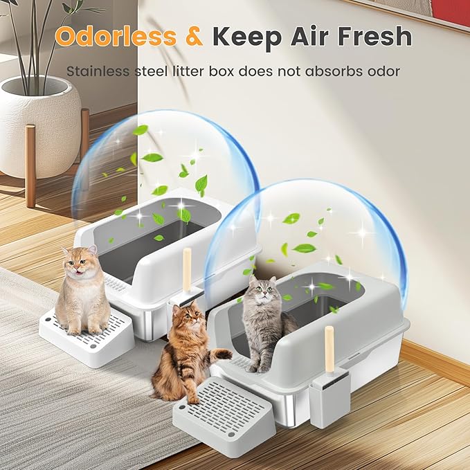2 Pack Stainless Steel Cat Litter Box, Enclosed Metal Litter Box with Lid, XL Extra Large Cat Litter Box for Big Cats, Non-Sticky High Side Kitty Litter Box (White&LightGrey)