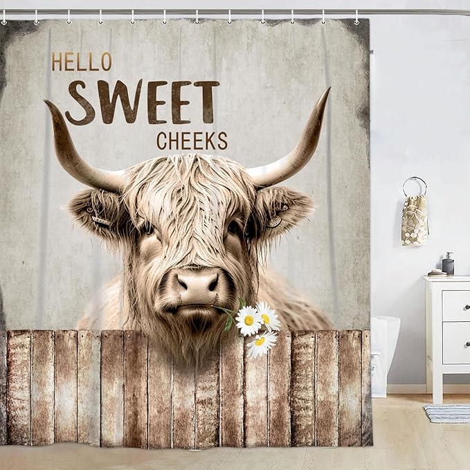 Highland Cattle Cow Bull Shower Curtains,Farmhouse Animal Rustic Country Shower Curtain for Bathroom,Western West Fabric Shower Curtain Set with Hooks Bath Decoration 72X72inches