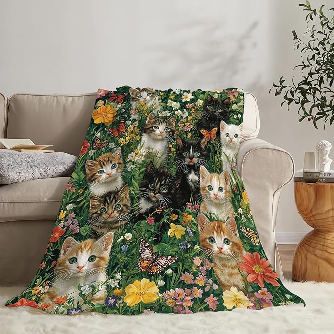 Cat Throw Blanket Ultra Soft Cozy Deer Flower Cats Blanket Fleece Fuzzy Plush Cat Lovers Decor Gifts for Women Girls Adults Couch Sofa 50"x40"