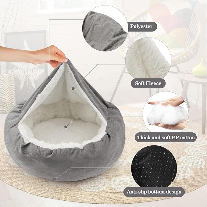 Dog Bed Warm with Hooded Blanket, Anti-Anxiety Puppy Pet Bed Cave Super Soft, Non-Slip Bottom, Machine Washable, Cozy Donut Indoor Pet Beds Fluffy for Dogs and Cats, Fits up to 33 lbs, 27.6 inch Grey