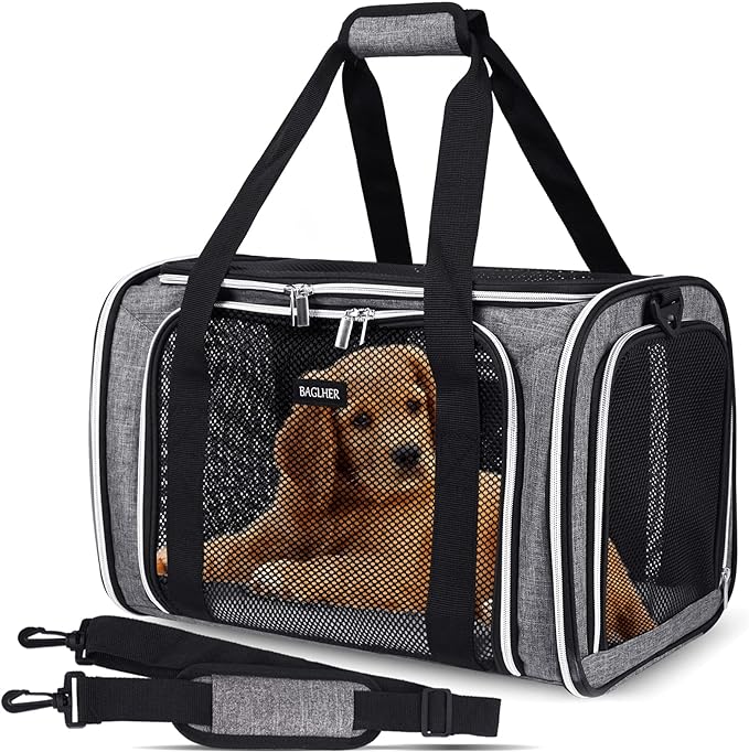 BAGLHER Pet Travel Carrier, Cat Carriers Dog Carrier for Small Medium Cats Dogs Puppies, Airline Approved Small Dog Carrier Soft Sided, Collapsible Puppy Carrier. Grey