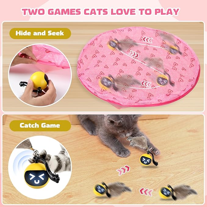 Interactive Cat Toys for Indoor Cats, Smart Cat Toy Ball Fast Rolling in Pouch, Hide and Seek Cat Toy for Indoor Bored Adult Cats, Remote Control Cat Hunting Toys, Motion Activated Chirping Cat Toy