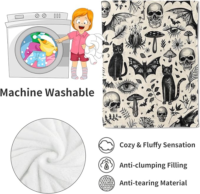 Spooky Goth Blanket Gothic Black Cats, Skulls, and Bats Throw Blankets Gifts for Girls Boys Adults Lightweight Soft Fleece Cozy for Sofa Couch Bed Room Travel Birthday Halloween Decor 60x80in