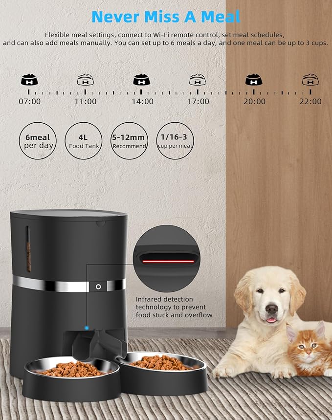 Smart Cat Feeder, WellToBe Automatic Cat Feeder WiFi Enable Pet Dog Food Dispenser App Control for Cat&Dog with Two-Way Splitter and Two Bowls, Voice Recorder Distribution Alarms, Portion Control