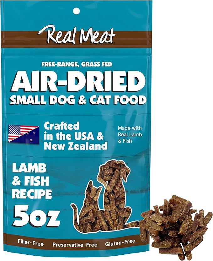 Real Meat Air Dried Cat Food & Dog Food w/ Real Lamb & Fish - 5oz of USA-Crafted Grain-Free Dry Dog & Cat Food Sourced from Free-Range Lamb & Ocean-Caught Fish - All Natural, High Protein Pet Food