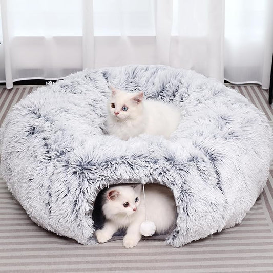 Plush Cat Tunnel with Cat Bed for Indoor Cats, Multifunctional Cat Donut Tunnel for Small Medium Large Cats Kitten Rabbit Puppies