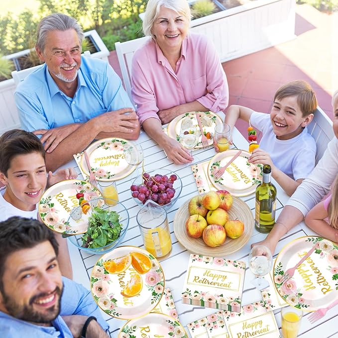 96Pcs Flower Retirement Party Decorations for Women White Peony Happy Retirement Plates Tableware Pink Gold Floral Retirement Dinnerware Napkin for Goodbye Going Away Farewell Party Supplies 24 Guests