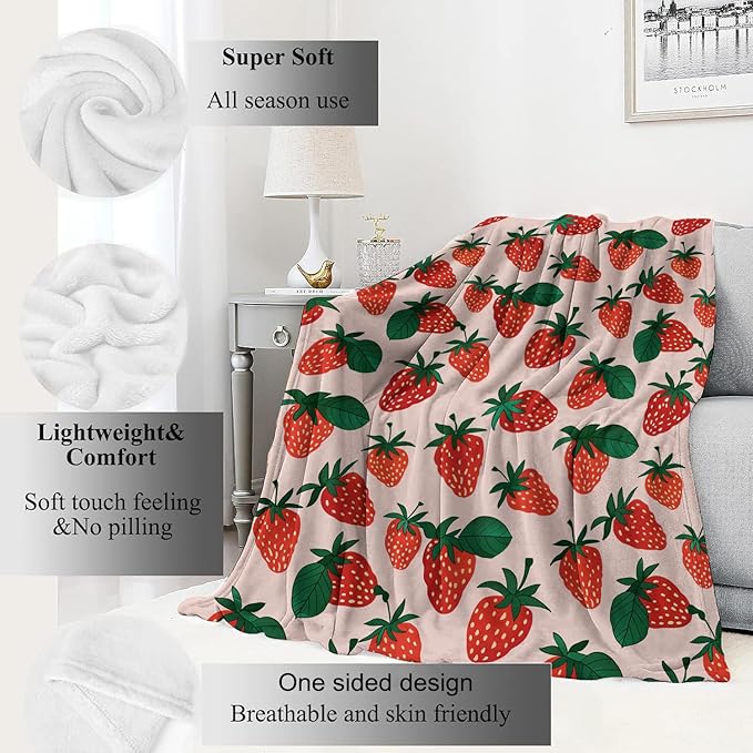 Sweet Strawberry Blanket Green Leaves Throw Blankets Gifts for Girls Women Adults Lightweight Soft Fleece Cozy for Sofa Couch Bed Room Travel Birthday Farmhouse Decor 50x60in