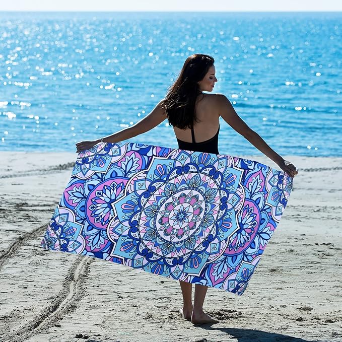 LIVILAN Mandala Microfiber Beach Towel, 30x60 Oversized, Boho Bohemian Design, Soft, Quick Dry, Super Absorbent, Thin, for Pool, Swim, Travel, Bath, Unique Blue Mandala Gifts for Women, Kids