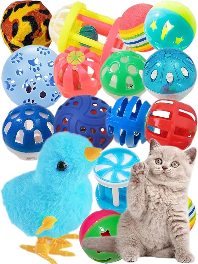 Cat Toys for Indoor Cats, 14 PCS Set with Wind-Up Chicken, Jingle Balls, and Catnip - Kitten Kitty Toy Pack for Playtime and Fun