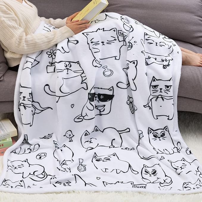 Sviuse Cat Blanket Cat Gifts for Cat Lovers Soft Flannel White Cats Pattern Throw for Girls Women Kids (50" X 60", Cat 7)