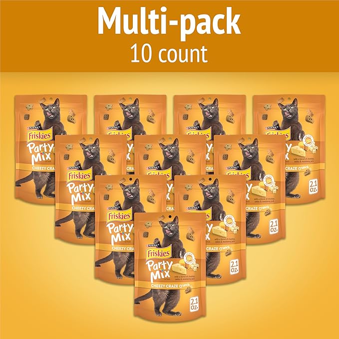 Purina Friskies Cat Treats, Party Mix Cheezy Craze Crunch - (Pack of 10) 2.1 oz. Pouches