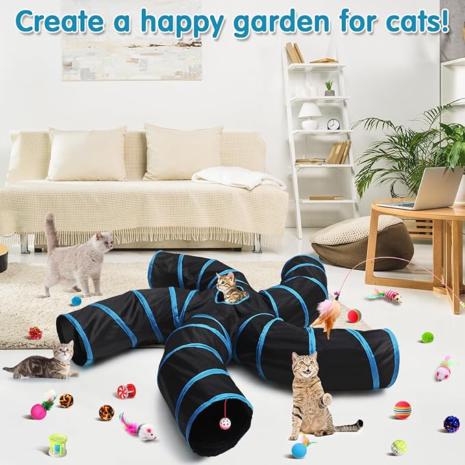 Poen 21 Pcs Cat Tunnel for Indoor Cats Set Collapsible 5 Way Cat Tubes with 20 Pcs Cat Toys Kitten Toys Interactive Cat Feather Toy Mouse Crinkle Balls Cat Tube for Puppy Kitten Rabbit(Blue Black)