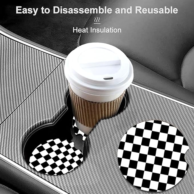 Car Coasters for Cup Holders,2 Pack Black and White Lattice Car Coasters,2.75" Universal Size Anti Slip Rubber Mat,Automotive Cup Holder Decal Decor Accessories,Gifts for Women,Men,Mom