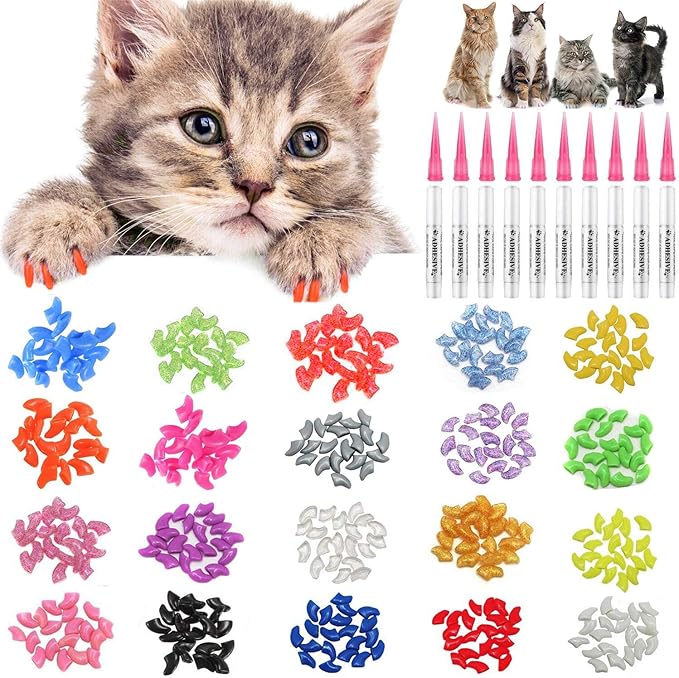 100pcs Cat Nail Caps Kitten Caps Cat Caps Cat Nail Covers with 5pcs Adhesive Glue+5pcs Applicators+Instruction