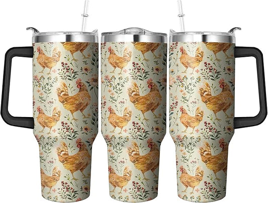 40 Oz Chicken Tumbler with Handle and Straw, Double Wall Stainless Steel Mug, Insulated Rooster Cup Gifts for Chicken Lovers, Travel Mug