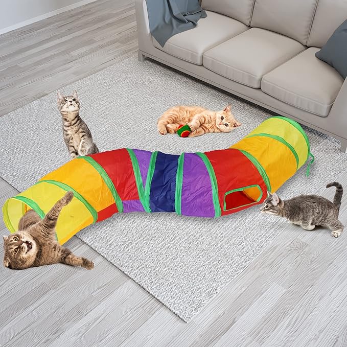 Bemodst Cat Tunnel for Indoor Cats Large,Cat Tubes and Tunnels Collapsible S-Shape Cat Tubes Kitty Tunnels Interactive Cat Toy with Storage Bag for Cat Small Dogs Ferret Rabbit (Colored 2-Way)