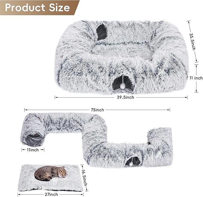 Extra Large Cat Tunnel Bed, Cat Tunnels for Indoor Cats, Plush Cat Donut Tunnel with Washable Middle Mat, 4 Exit Cat Balls, Multi-cat Household Peekaboo Cat Cave, Pet Play Toys for Kitten Puppy Rabbit