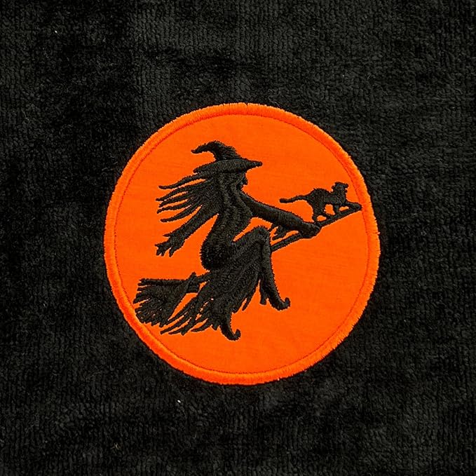 Serafina Home Halloween Bath Hand Towels, Embroidered Witch Flying by Full Moon, 2 pcs, Black 16" x 25" for Kids and Guest bathrooms