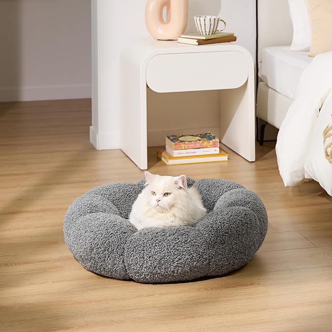 Lesure Calming Cat Beds for Indoor Cats - Cute Flower Pet Beds in Teddy Sherpa Plush, Donut Round Fluffy Puppy Bed, Non-Slip Extra Small Dog Bed Fits up to 15 lbs, Machine Washable, Grey 20"