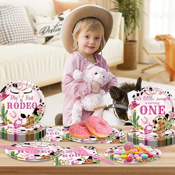 48Pcs My First Rodeo Decorations Western Cowgirl 1st Party Tableware Set Wild West Pink Disposable Plates Napkins Forks Serves 16 Baby Shower First Birthday Decorations For Girl